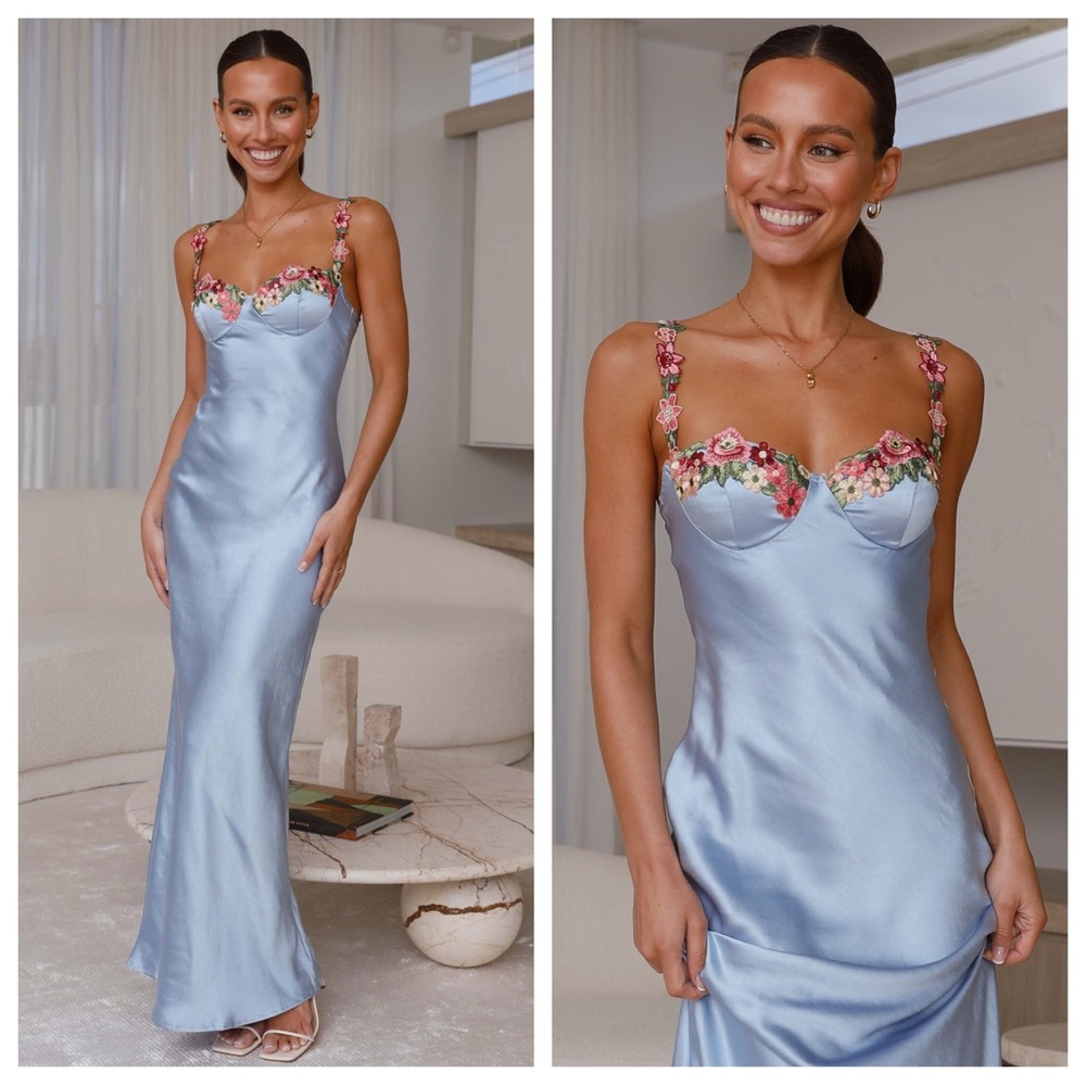 Selfie Leslie Light Blue Satin Maxi Dress with Pink Floral Trim